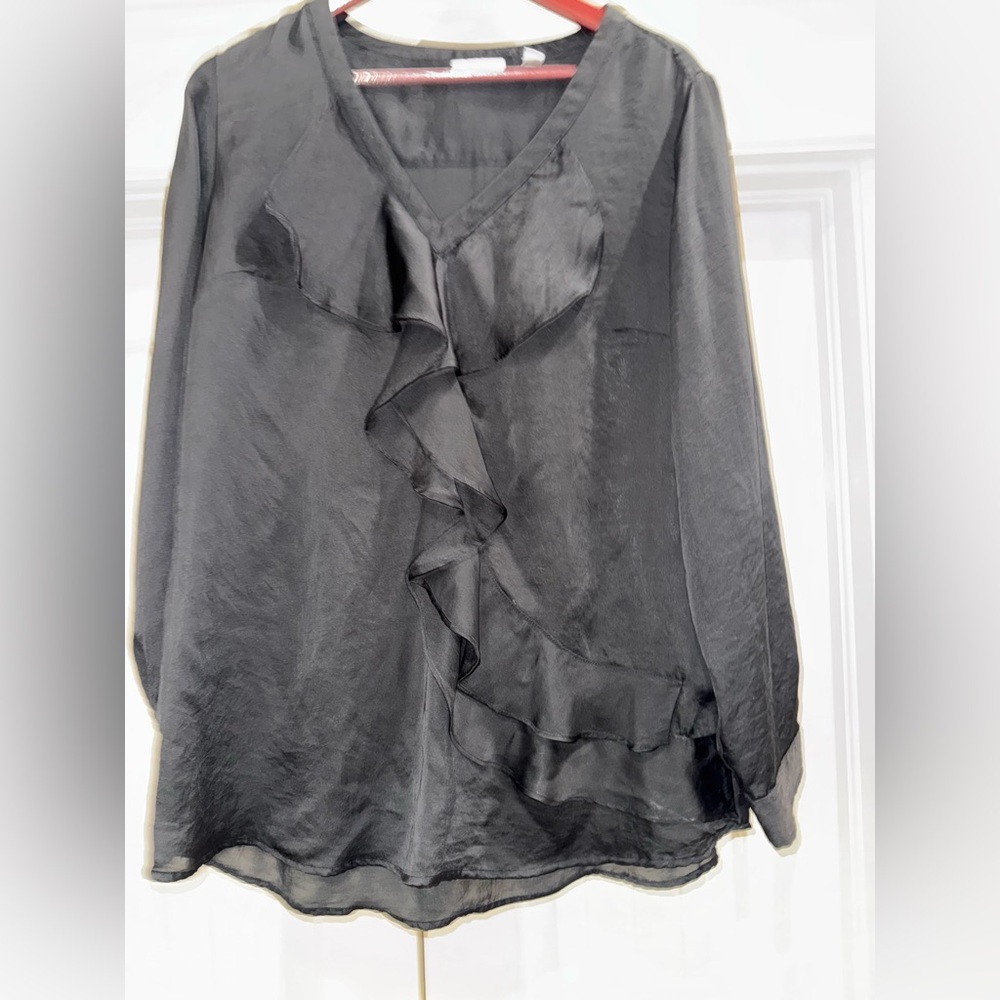 New York & Company Black Ruffle Blouse Long Sleeve V-Neck Size Large - Picture 2 of 5